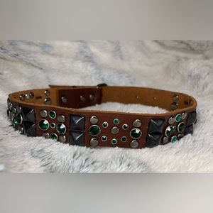 Emerald green handmade gem leather dog collar